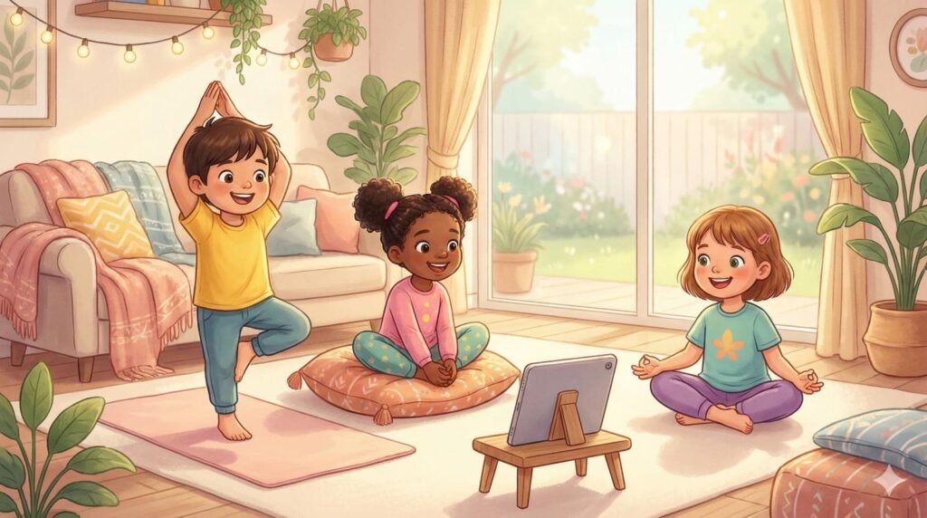 Yoga for kids practicing fun online yoga classes at home with Yoga Guppy