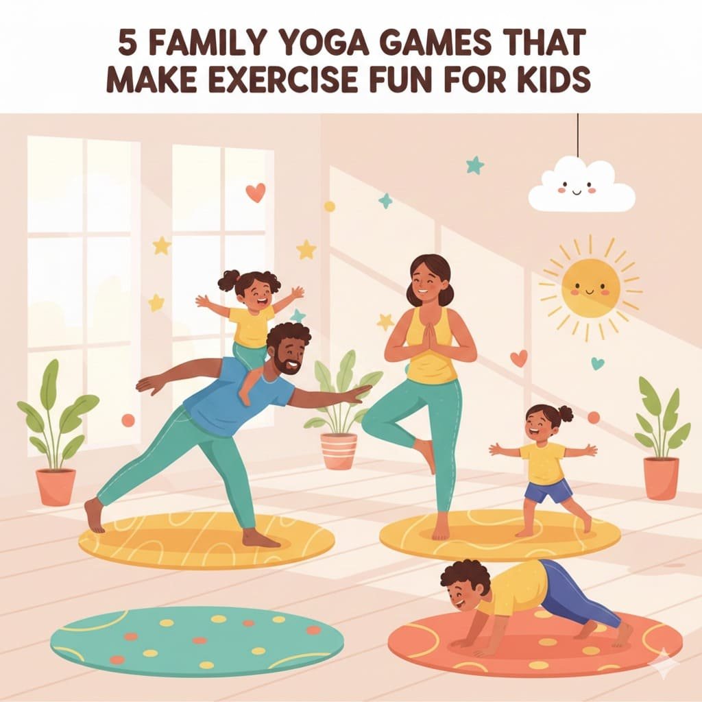 Family practicing yoga for kids at home with fun family yoga games