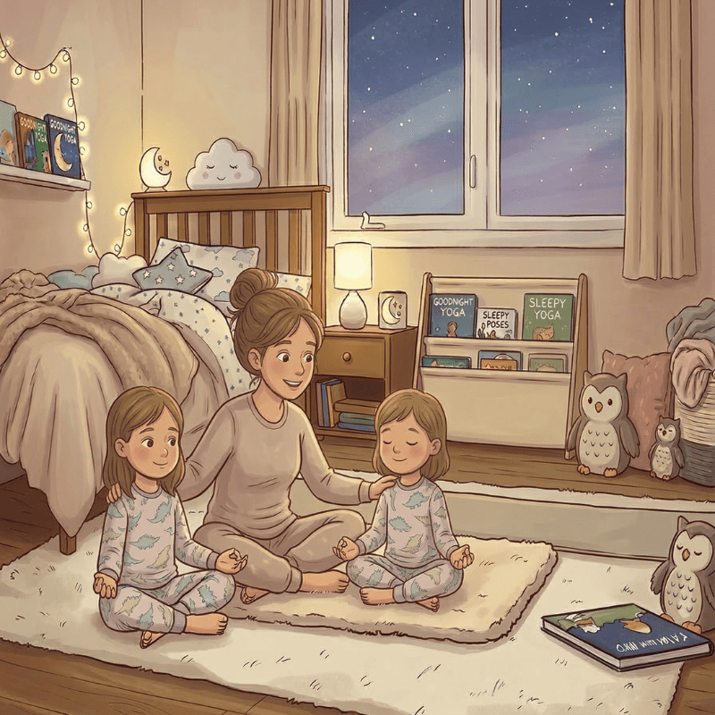 bedtime yoga for kids practicing calming yoga poses before sleep