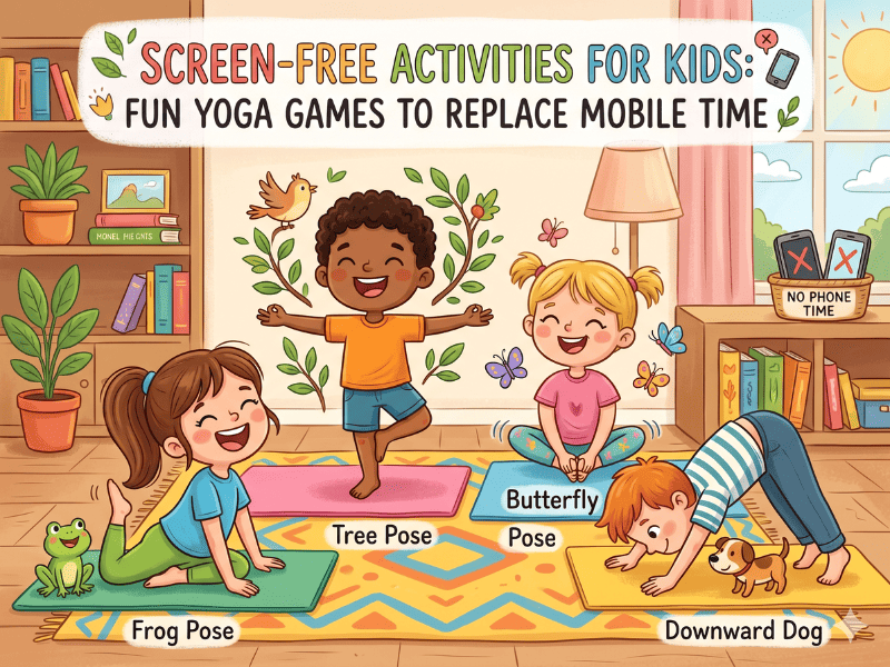 Kids enjoying screen-free activities with fun yoga games to improve focus and physical activity