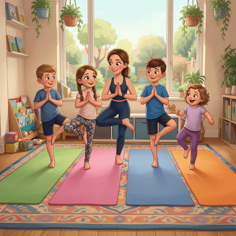 kids practicing yoga for kids poses at home with fun and mindfulness