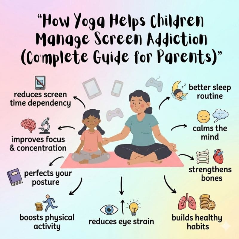 Bedtime yoga for kids doing simple relaxing poses to improve sleep and calm mind