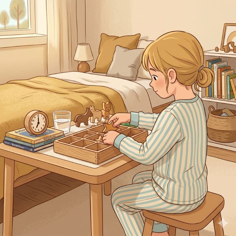Child in striped pajamas sitting at a bedside table, sorting wooden animal toys into compartments in a cozy bedroom.