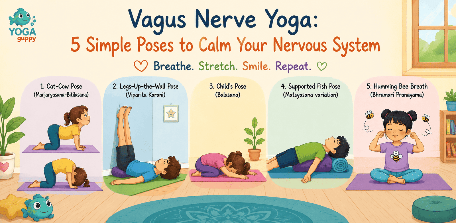 Vagus nerve yoga guide showing calming poses for nervous system health