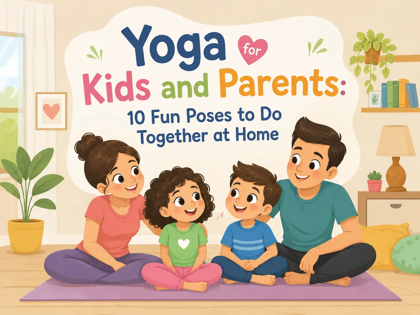 Parent and child practicing fun yoga poses together at home to build strength, flexibility, balance, and family bonding through yoga.