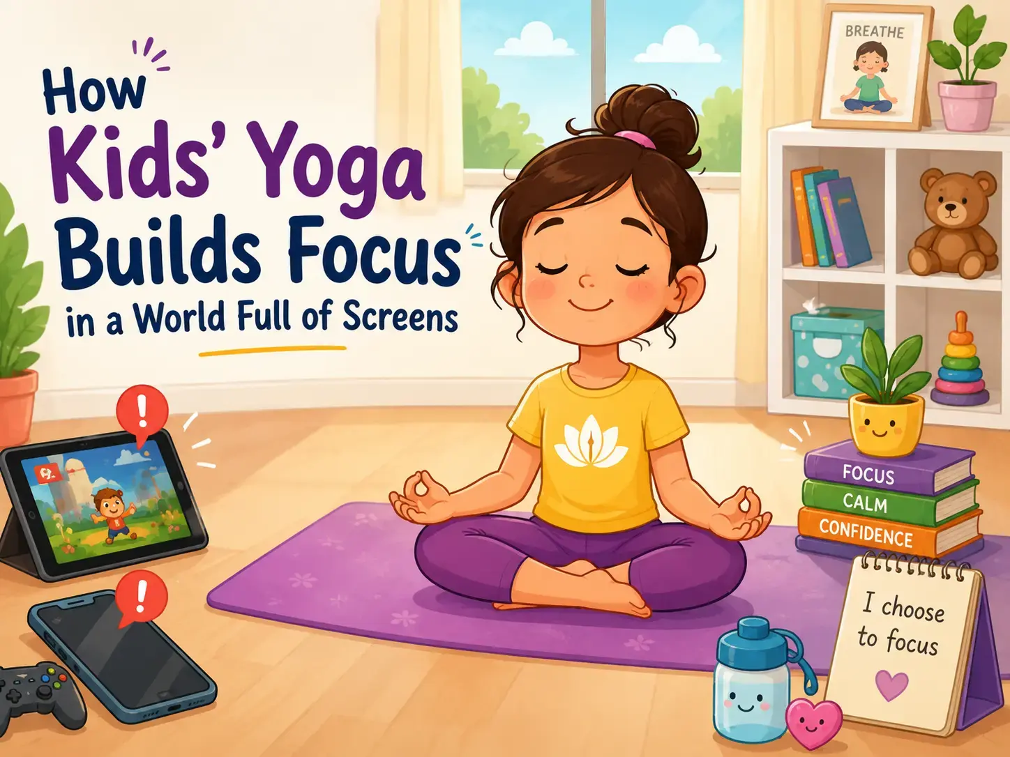 Children practicing yoga to improve focus, reduce screen time, and build healthy mindfulness habits