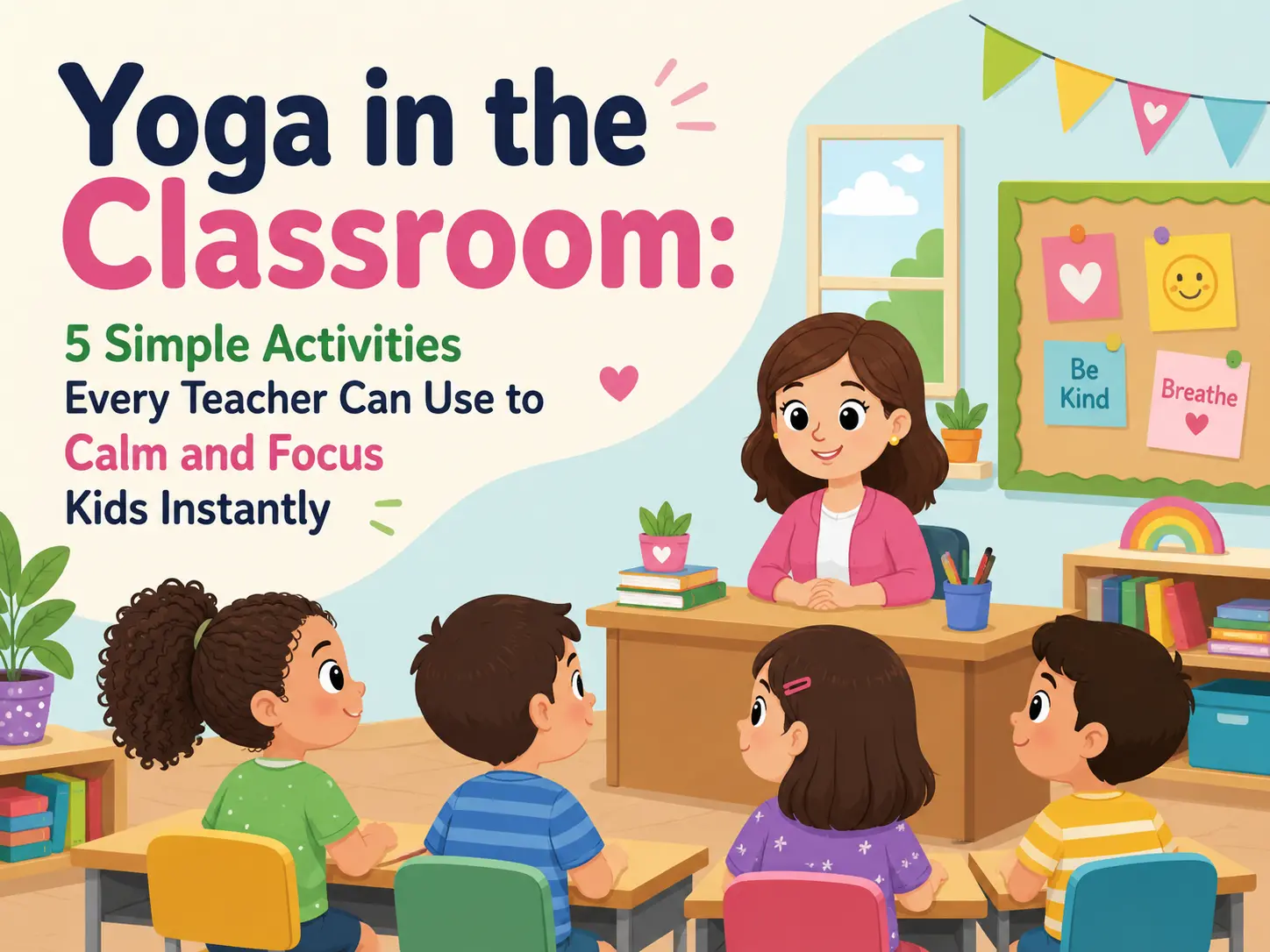 Teacher leading classroom yoga activity with young students for focus and calm in school