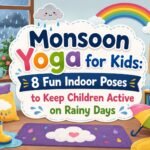 Child doing fun indoor yoga poses at home on a rainy monsoon day in India ages 3 to 12