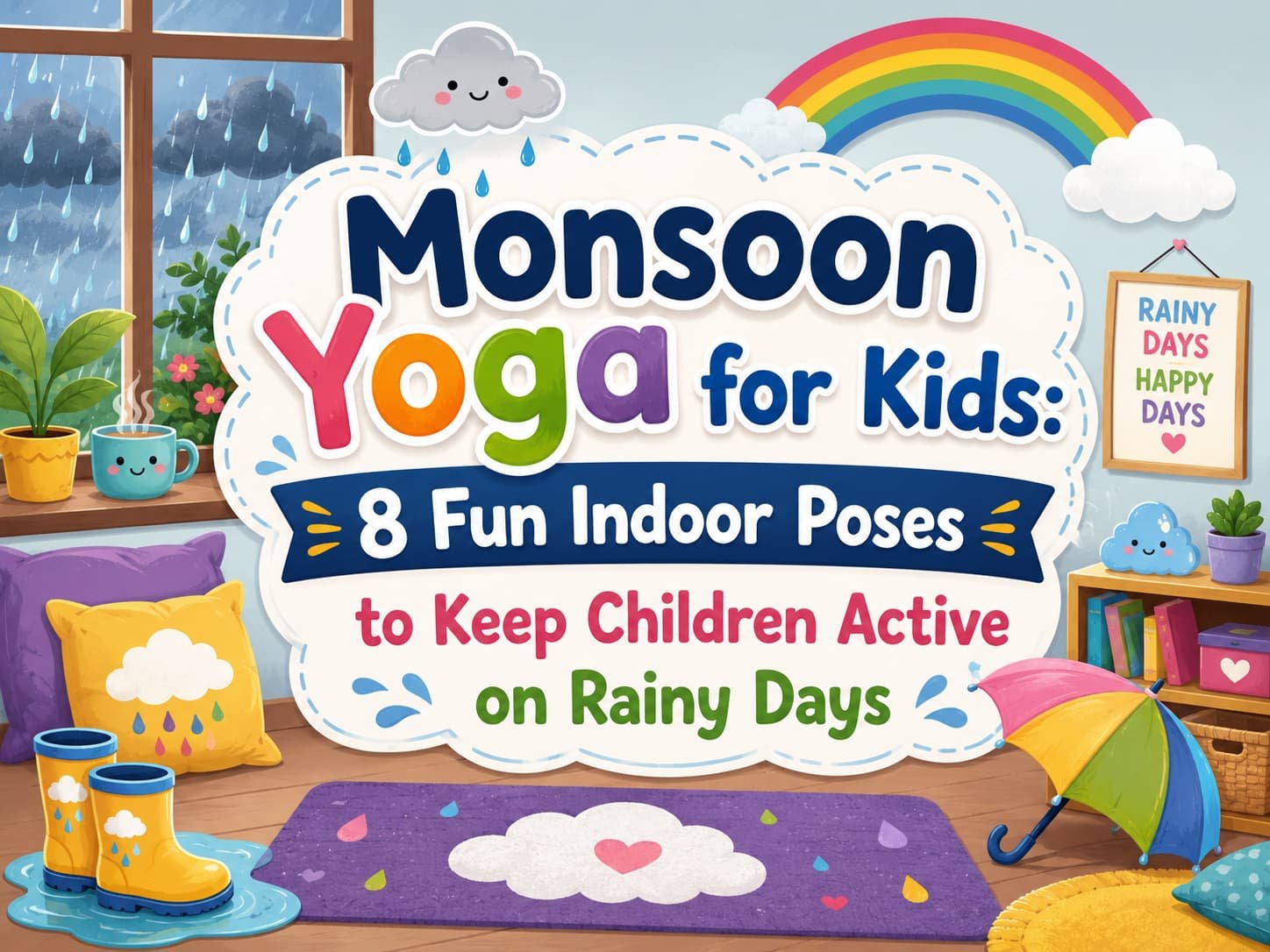 Child doing fun indoor yoga poses at home on a rainy monsoon day in India ages 3 to 12