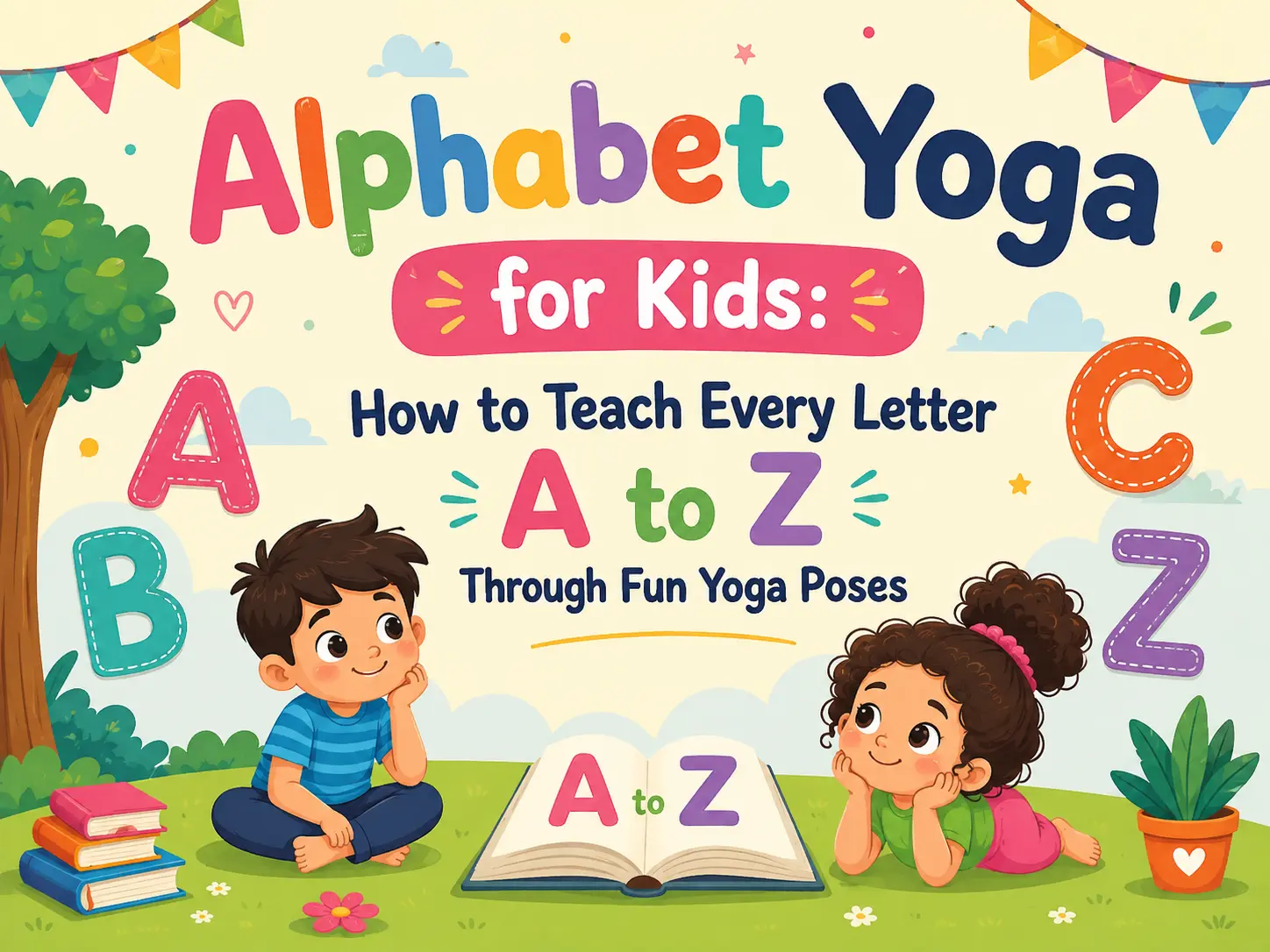 Children practicing alphabet yoga poses from A to Z through fun and engaging kids yoga activities