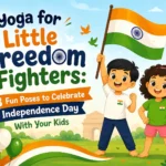 Children doing Independence Day yoga poses at home celebrating India's 80th Independence Day on August 15