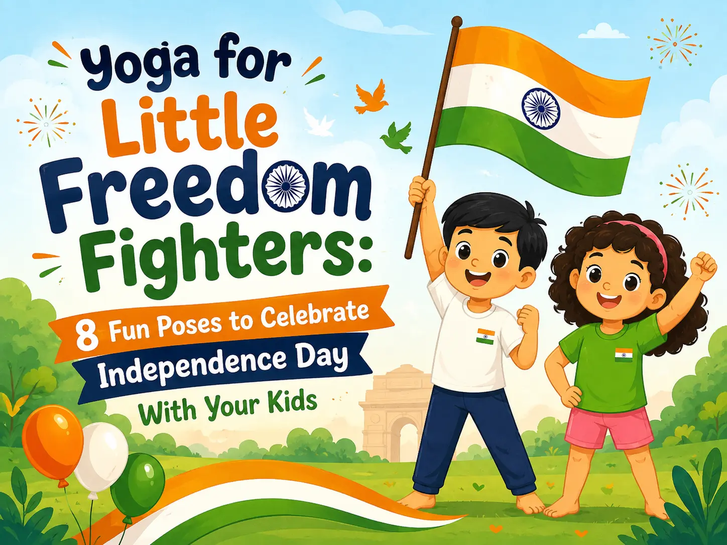 Children doing Independence Day yoga poses at home celebrating India's 80th Independence Day on August 15