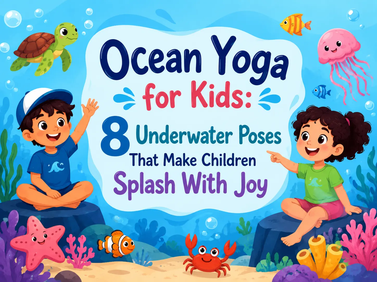 Children practicing ocean-inspired yoga poses with fun underwater animal movements to improve balance, flexibility, and mindfulness