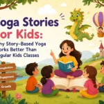 Children enjoying story-based yoga with imaginative poses that encourage movement, creativity, mindfulness, and confidence