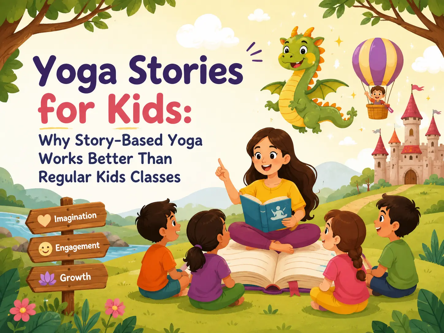 Children enjoying story-based yoga with imaginative poses that encourage movement, creativity, mindfulness, and confidence