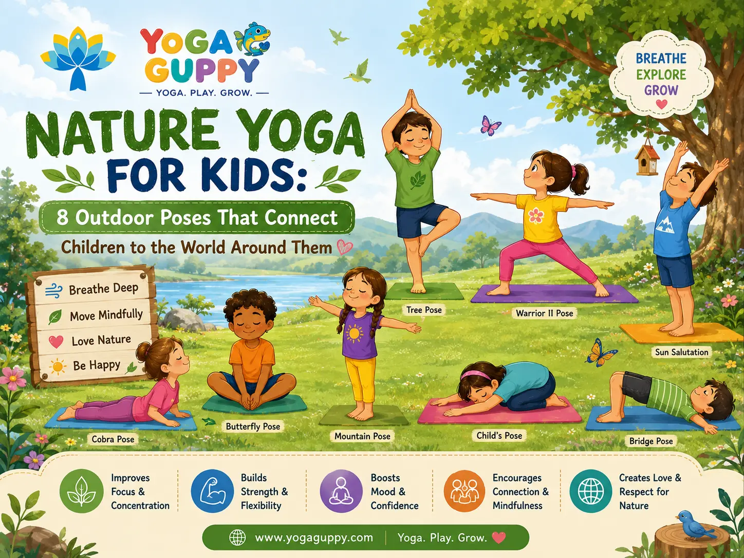 Child doing nature yoga poses outdoors in garden connecting with nature through yoga ages 3 to 10