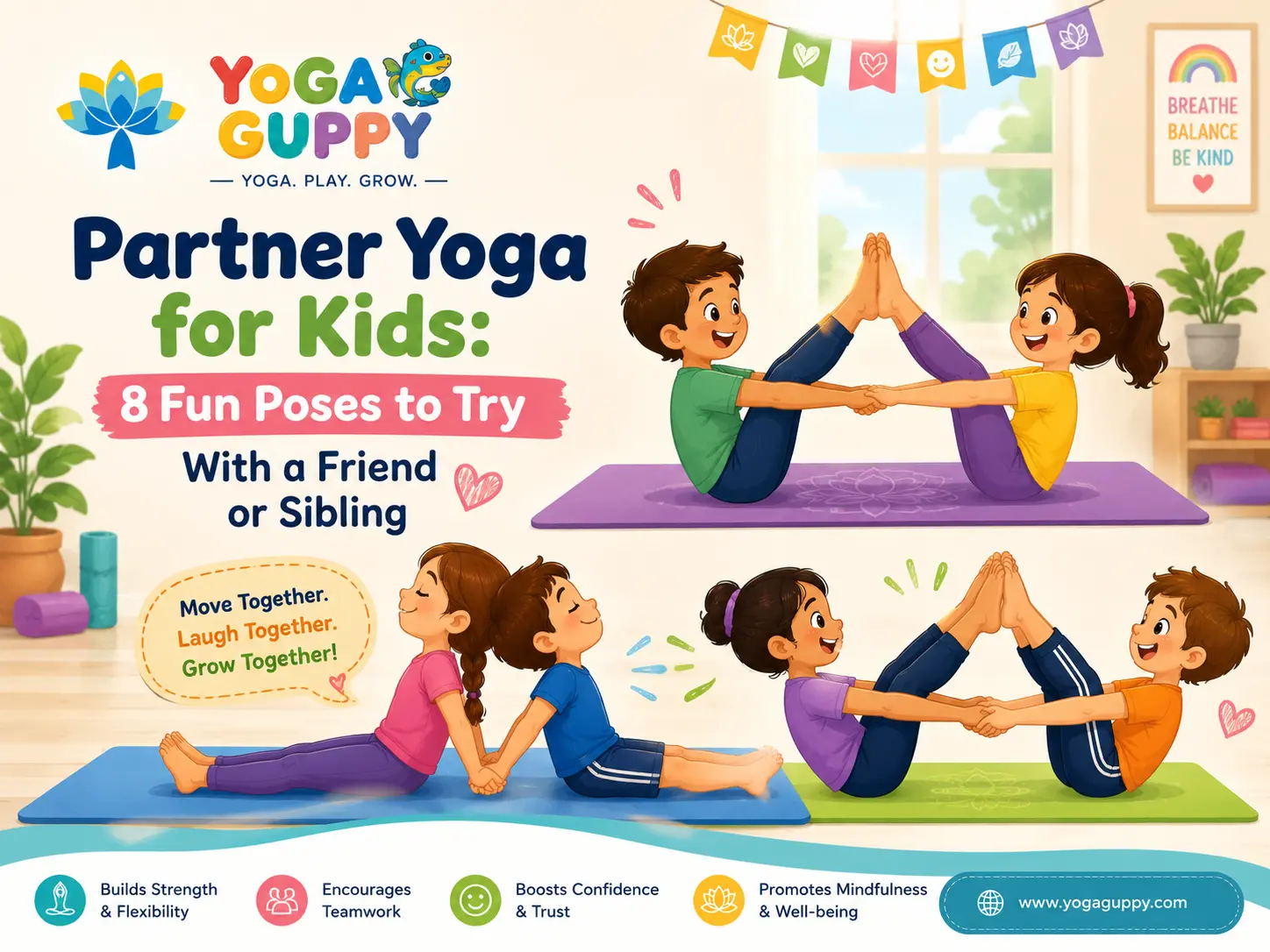 Two children doing fun partner yoga poses together at home as sibling yoga activity ages 4 to 12