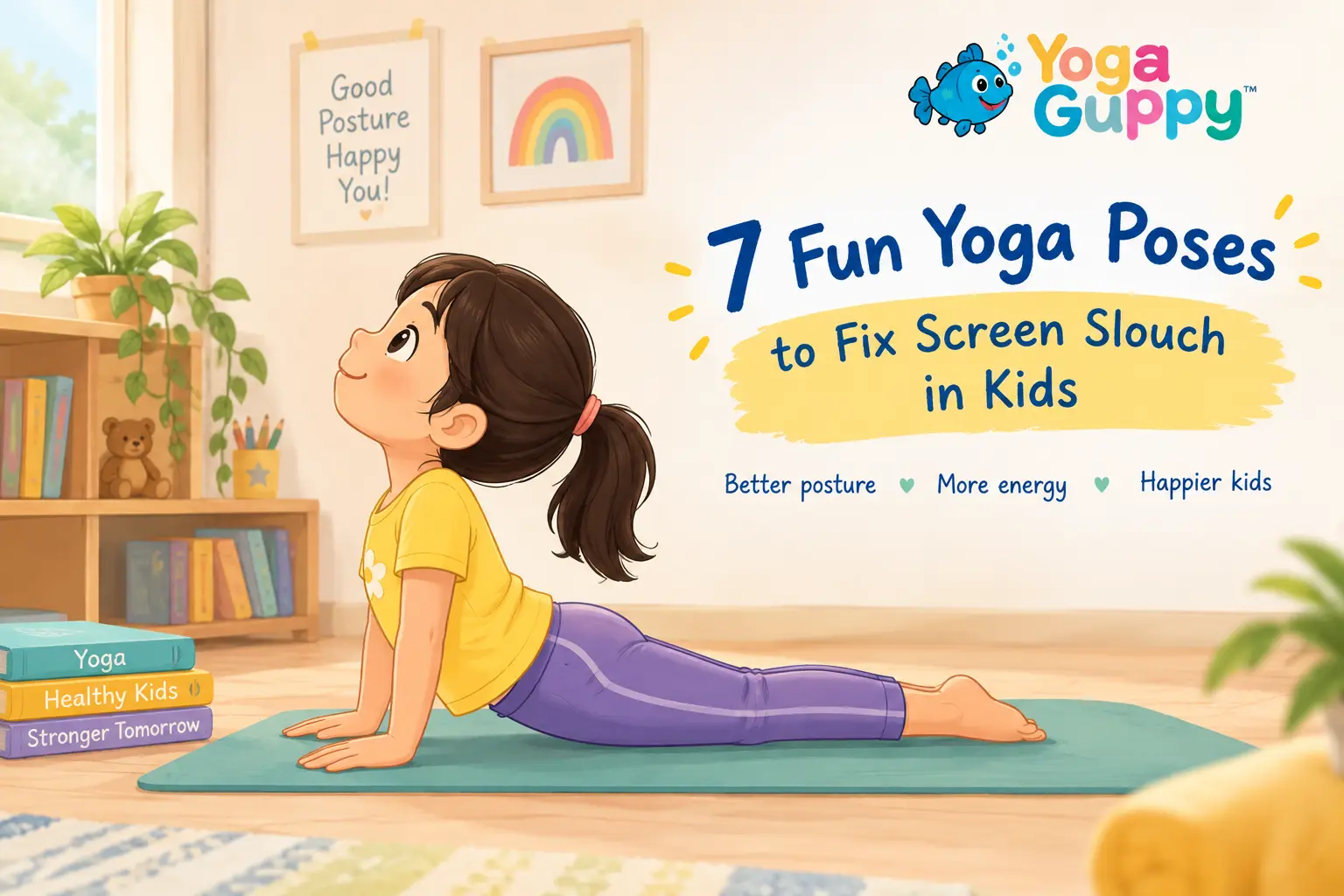 Child doing Cobra yoga pose to improve posture at home, side view