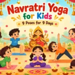 Children in colourful festive clothes doing Navratri yoga poses at home