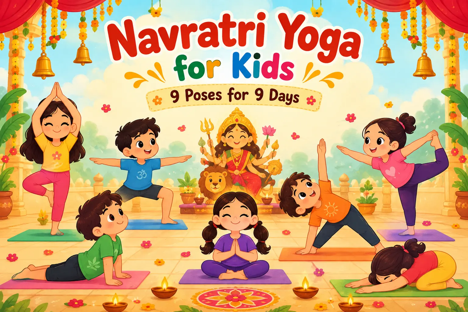 Children in colourful festive clothes doing Navratri yoga poses at home
